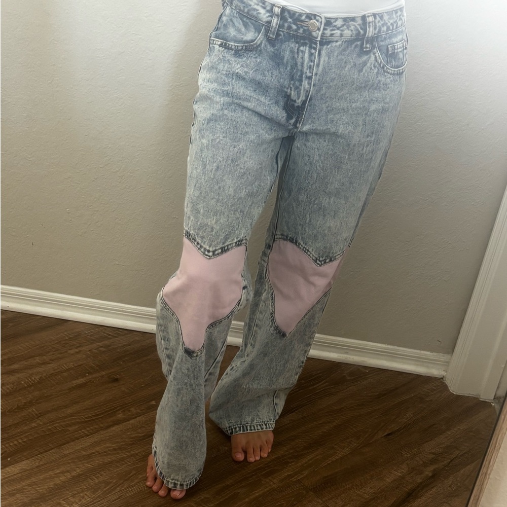 Women's Acid Wash and Pink Heart Patch Jeans